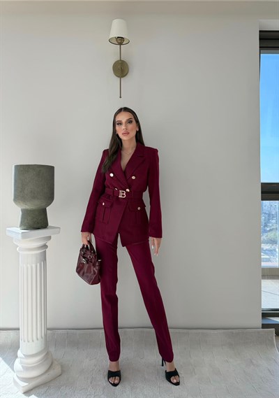 Kemer Ve Düğme Detay Blazer Ceket Ve Pantolonlu Double Kumaş İkili Takım Bordo 2077