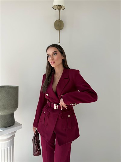 Kemer Ve Düğme Detay Blazer Ceket Ve Pantolonlu Double Kumaş İkili Takım Bordo 2077