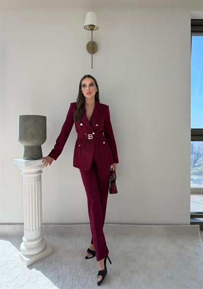 Kemer Ve Düğme Detay Blazer Ceket Ve Pantolonlu Double Kumaş İkili Takım Bordo 2077
