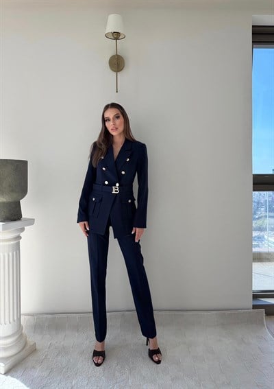 Kemer Ve Düğme Detay Blazer Ceket Ve Pantolonlu Double Kumaş İkili Takım Lacivert 2077