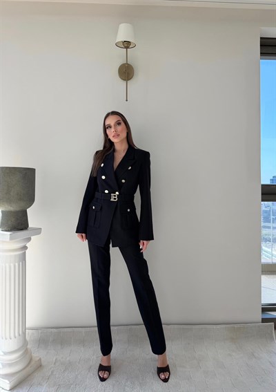 Kemer Ve Düğme Detay Blazer Ceket Ve Pantolonlu Double Kumaş İkili Takım Siyah 2077