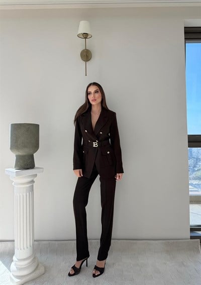 Kemer Ve Düğme Detay Blazer Ceket Ve Pantolonlu Double Kumaş İkili Takım Acı Kahve 2077