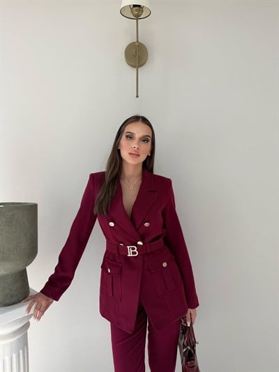 Kemer Ve Düğme Detay Blazer Ceket Ve Pantolonlu Double Kumaş İkili Takım Bordo 2077
