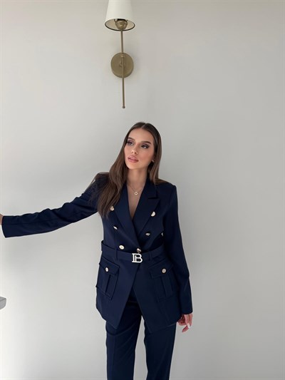 Kemer Ve Düğme Detay Blazer Ceket Ve Pantolonlu Double Kumaş İkili Takım Lacivert 2077