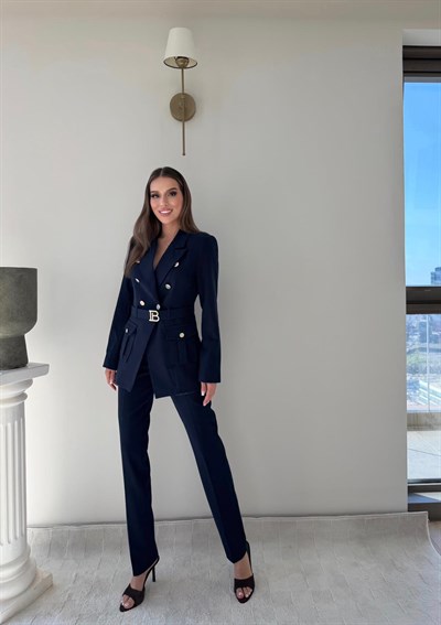 Kemer Ve Düğme Detay Blazer Ceket Ve Pantolonlu Double Kumaş İkili Takım Lacivert 2077