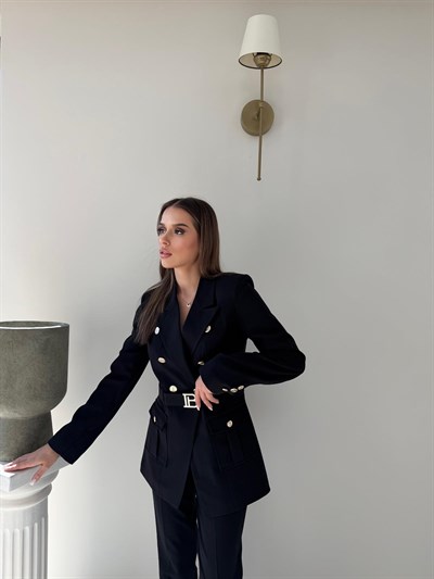 Kemer Ve Düğme Detay Blazer Ceket Ve Pantolonlu Double Kumaş İkili Takım Siyah 2077