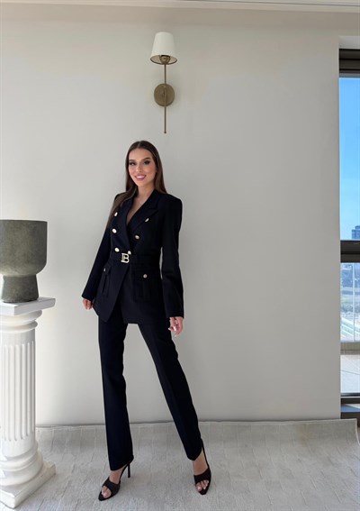 Kemer Ve Düğme Detay Blazer Ceket Ve Pantolonlu Double Kumaş İkili Takım Siyah 2077