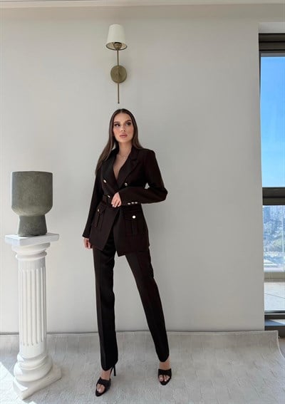 Kemer Ve Düğme Detay Blazer Ceket Ve Pantolonlu Double Kumaş İkili Takım Acı Kahve 2077