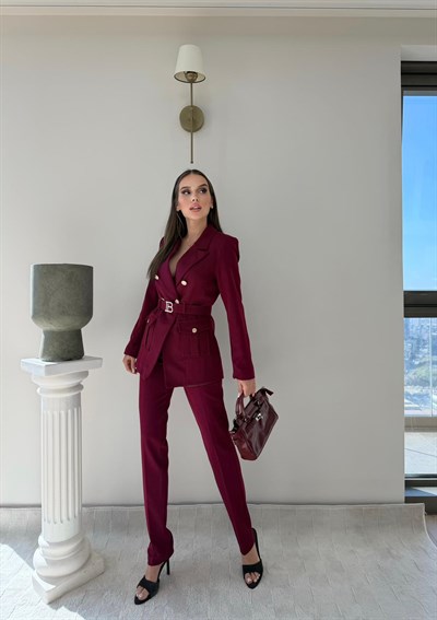Kemer Ve Düğme Detay Blazer Ceket Ve Pantolonlu Double Kumaş İkili Takım Bordo 2077