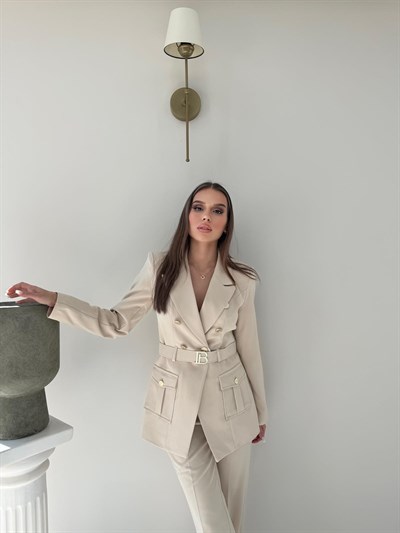 Kemer Ve Düğme Detay Blazer Ceket Ve Pantolonlu Double Kumaş İkili Takım Bej 2077