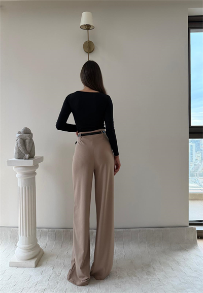 Kemerli Yüksek Bel Palazzo Crep Pantolon Bej 2024