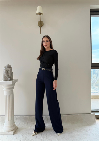 Kemerli Yüksek Bel Palazzo Crep Pantolon Lacivert 2024