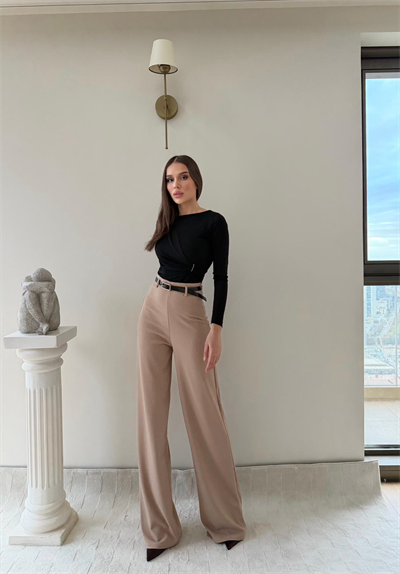 Kemerli Yüksek Bel Palazzo Crep Pantolon Bej 2024