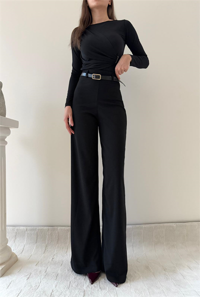 Kemerli Yüksek Bel Palazzo Crep Pantolon Siyah 2024