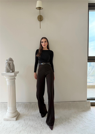 Kemerli Yüksek Bel Palazzo Crep Pantolon Kahverengi 2024