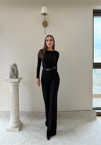 Kemerli Yüksek Bel Palazzo Crep Pantolon Siyah 2024