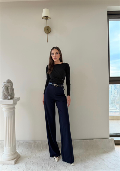Kemerli Yüksek Bel Palazzo Crep Pantolon Lacivert 2024