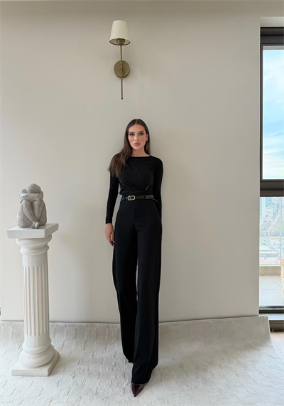 Kemerli Yüksek Bel Palazzo Crep Pantolon Siyah 2024