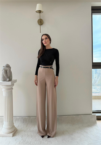 Kemerli Yüksek Bel Palazzo Crep Pantolon Bej 2024