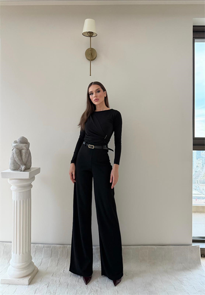 Kemerli Yüksek Bel Palazzo Crep Pantolon Siyah 2024