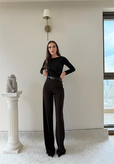 Kemerli Yüksek Bel Palazzo Crep Pantolon Kahverengi 2024