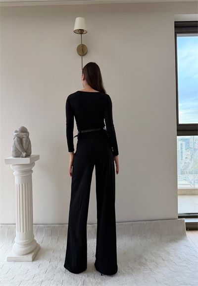 Kemerli Yüksek Bel Palazzo Crep Pantolon Siyah 2024