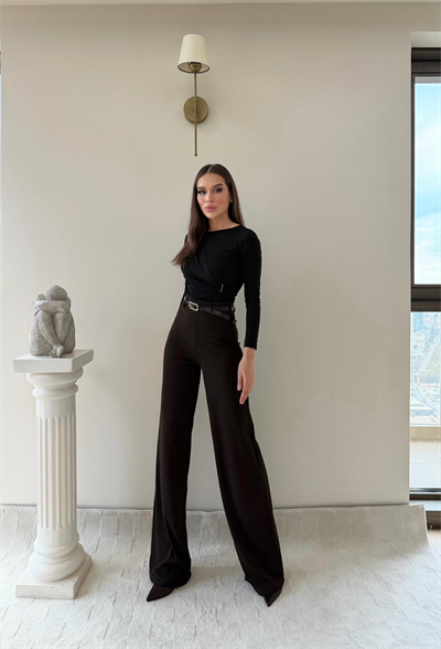 Kemerli Yüksek Bel Palazzo Crep Pantolon Kahverengi 2024