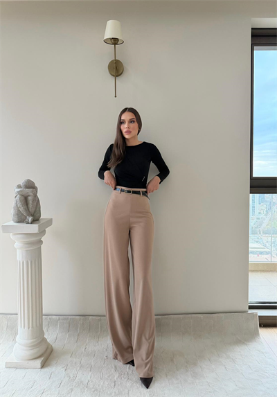 Kemerli Yüksek Bel Palazzo Crep Pantolon Bej 2024