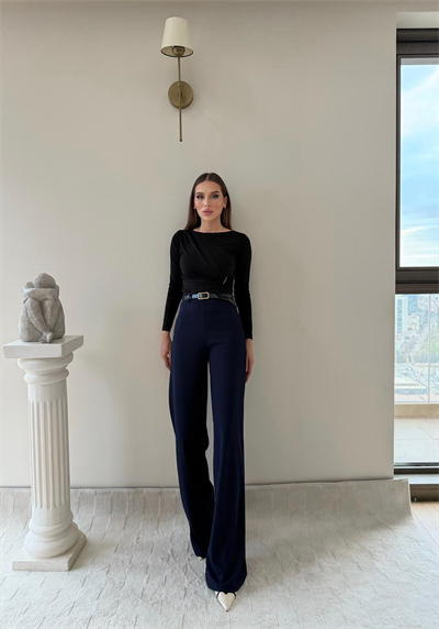 Kemerli Yüksek Bel Palazzo Crep Pantolon Lacivert 2024