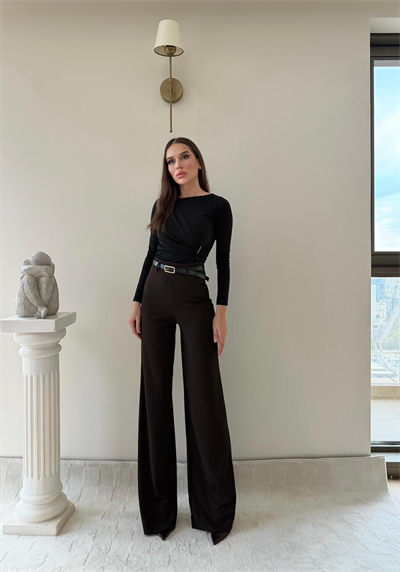 Kemerli Yüksek Bel Palazzo Crep Pantolon Kahverengi 2024