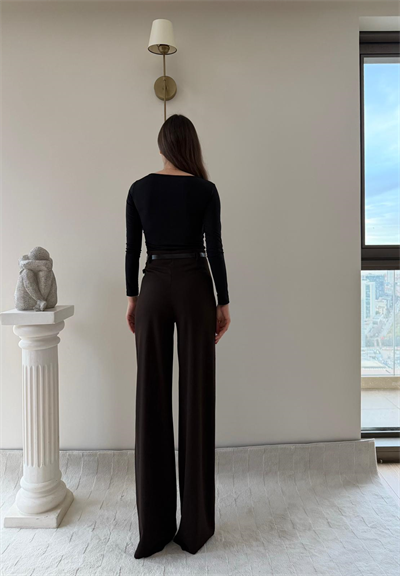 Kemerli Yüksek Bel Palazzo Crep Pantolon Kahverengi 2024