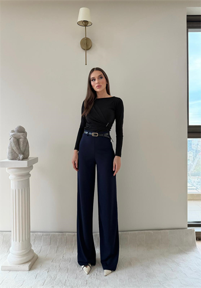 Kemerli Yüksek Bel Palazzo Crep Pantolon Lacivert 2024