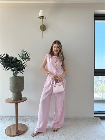 Kemik Düğme Detay Hırka ve Palazzo Bel Lastikli Pantolonlu Keten İkili Takım Pembe 2266