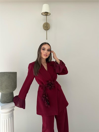 Kol Tül Detay Bel Kuşaklı Blazer Ceket Ve Pantolonlu Kumaş Takım Bordo 2068