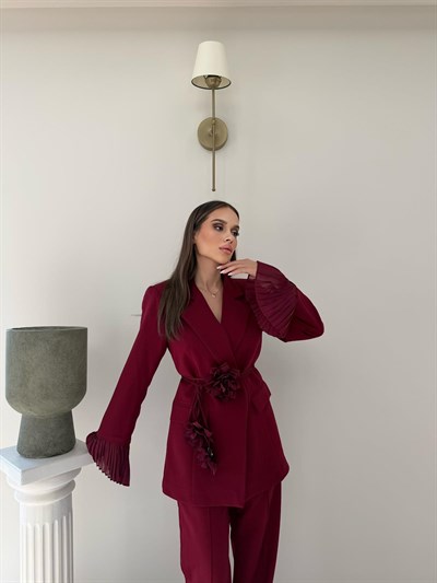 Kol Tül Detay Bel Kuşaklı Blazer Ceket Ve Pantolonlu Kumaş Takım Bordo 2068