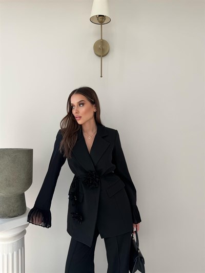 Kol Tül Detay Bel Kuşaklı Blazer Ceket Ve Pantolonlu Kumaş Takım Siyah 2068