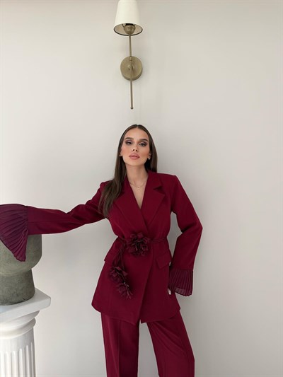 Kol Tül Detay Bel Kuşaklı Blazer Ceket Ve Pantolonlu Kumaş Takım Bordo 2068