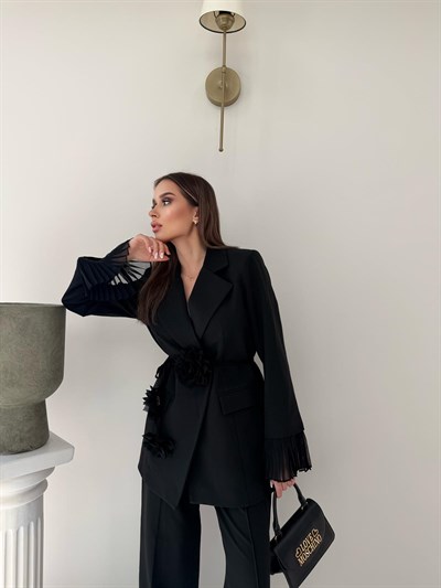 Kol Tül Detay Bel Kuşaklı Blazer Ceket Ve Pantolonlu Kumaş Takım Siyah 2068