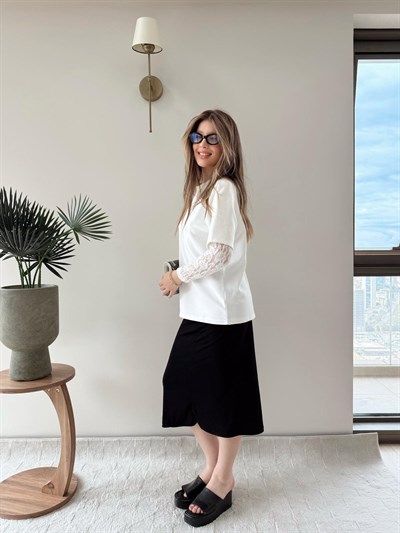 Kol Dantel Detay Oversize Modal Tişört Beyaz 2153