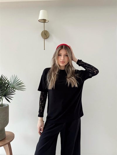 Kol Dantel Detay Oversize Modal Tişört Siyah 2153