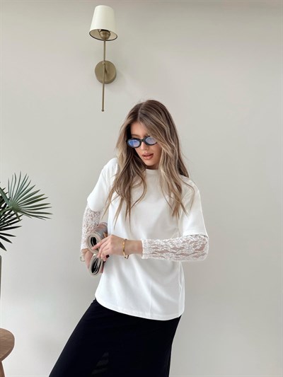 Kol Dantel Detay Oversize Modal Tişört Beyaz 2153