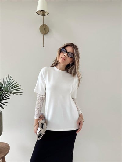 Kol Dantel Detay Oversize Modal Tişört Beyaz 2153