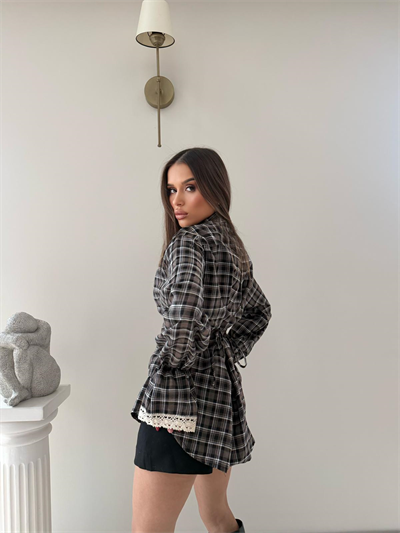 Kol Dantel Detay Sırt Bağlamalı Ekoseden Gömlek Kahve 2035