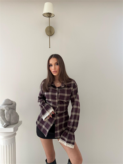 Kol Dantel Detay Sırt Bağlamalı Ekoseden Gömlek Mürdüm 2035