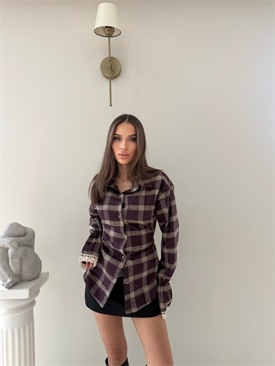 Kol Dantel Detay Sırt Bağlamalı Ekoseden Gömlek Mürdüm 2035