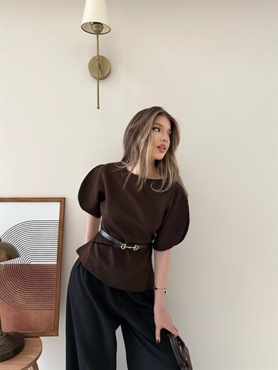 Kol Detay İnce Kemerli Double Crep Kumas Bluz Kahverengi 2185