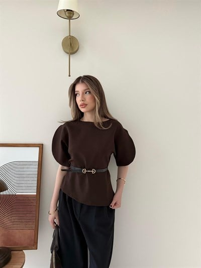 Kol Detay İnce Kemerli Double Crep Kumas Bluz Kahverengi 2185