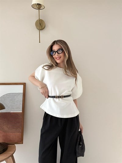 Kol Detay İnce Kemerli Double Crep Kumas Bluz Beyaz 2185