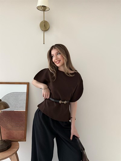Kol Detay İnce Kemerli Double Crep Kumas Bluz Kahverengi 2185