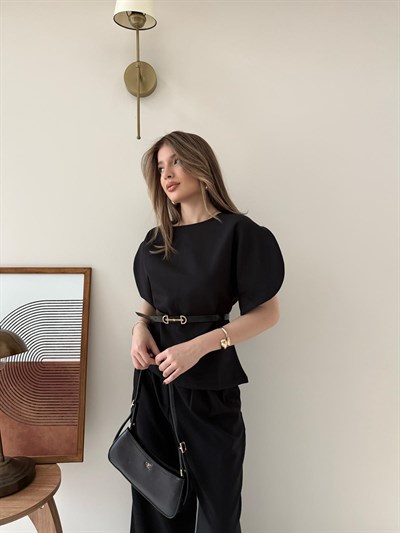 Kol Detay İnce Kemerli Double Crep Kumas Bluz Siyah 2185